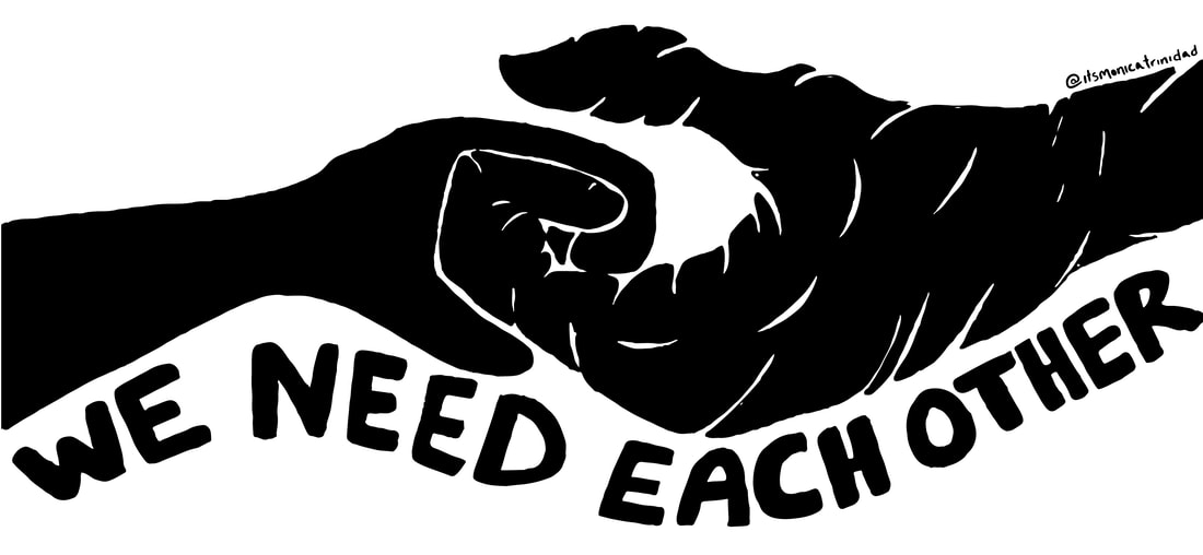 drawing of two intertwined hands with the words "we need each other" underneath